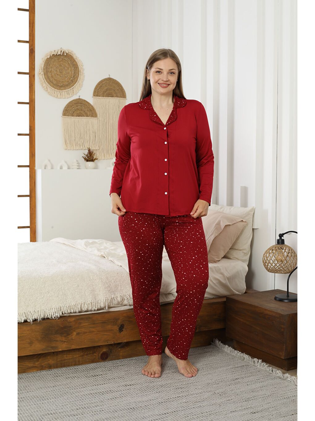 Bordo Desenli Büyük Beden Battal Boy Gömlek Yaka Düğmeli Milan Örme Pijama Takım25224316-1