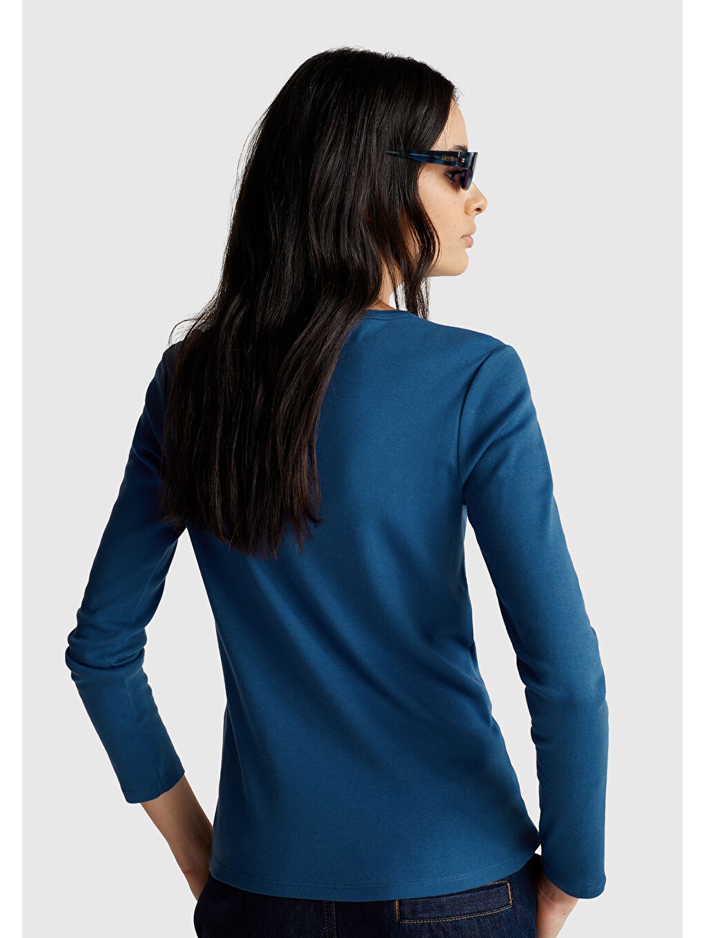 Kadın İndigo Mavisi Basic Bisiklet Yaka Uzun Kollu T-Shirt-2