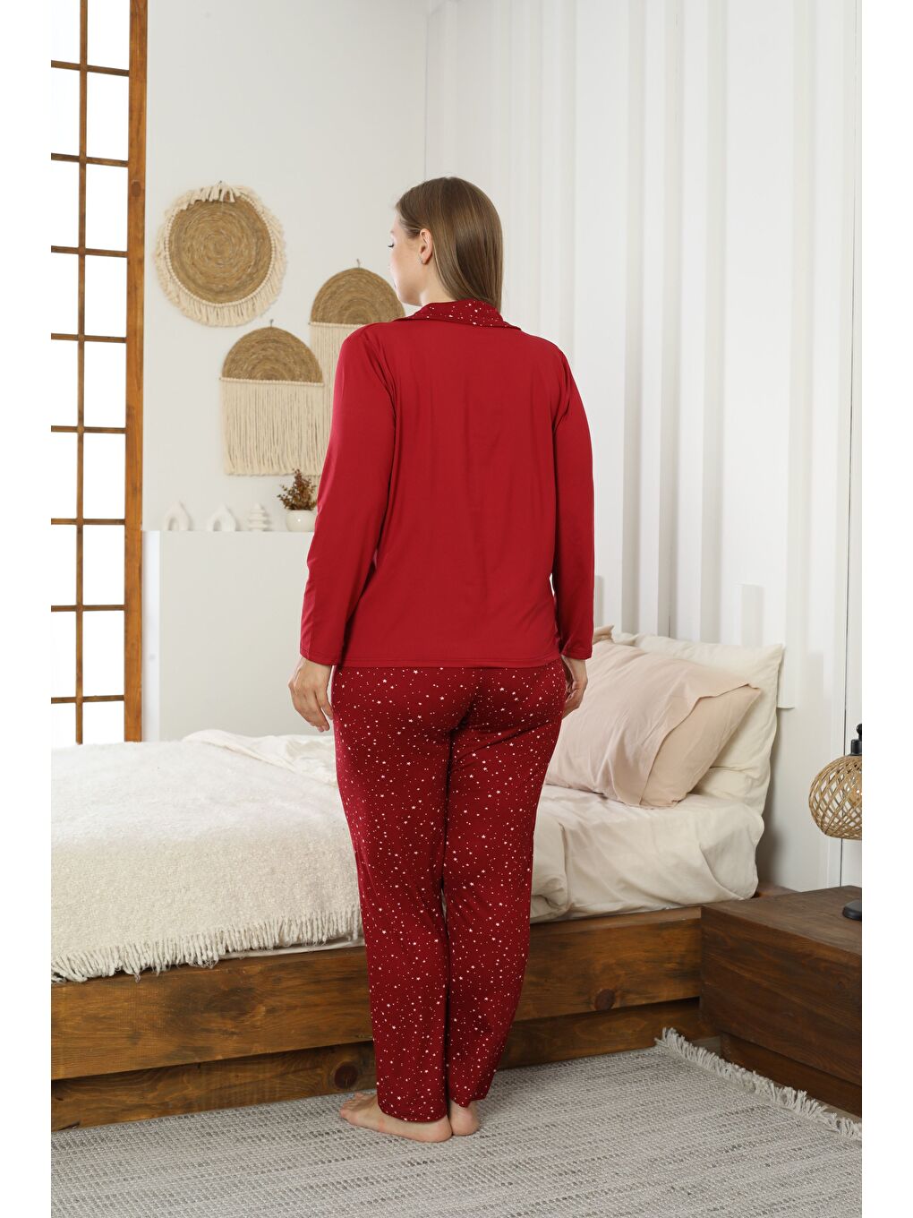 Bordo Desenli Büyük Beden Battal Boy Gömlek Yaka Düğmeli Milan Örme Pijama Takım25224316-2