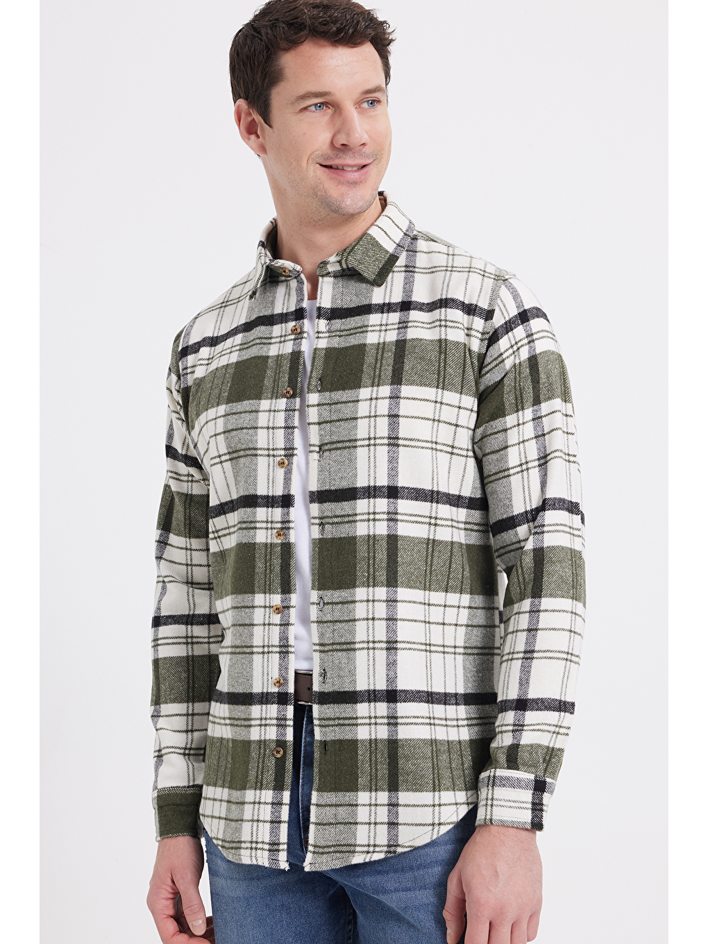 Haki Erkek Slim Fit Dar Kesim Kareli Kışlık Oduncu Gömlek-6