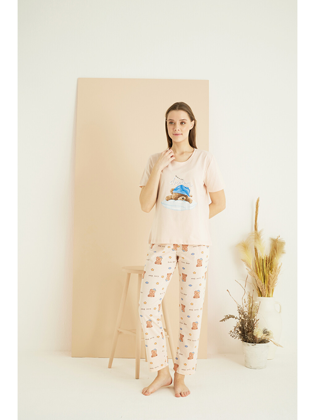 Pembe Somon Desenli Pamuklu Bisiklet Yaka Örme Pijama Takım25107144-1