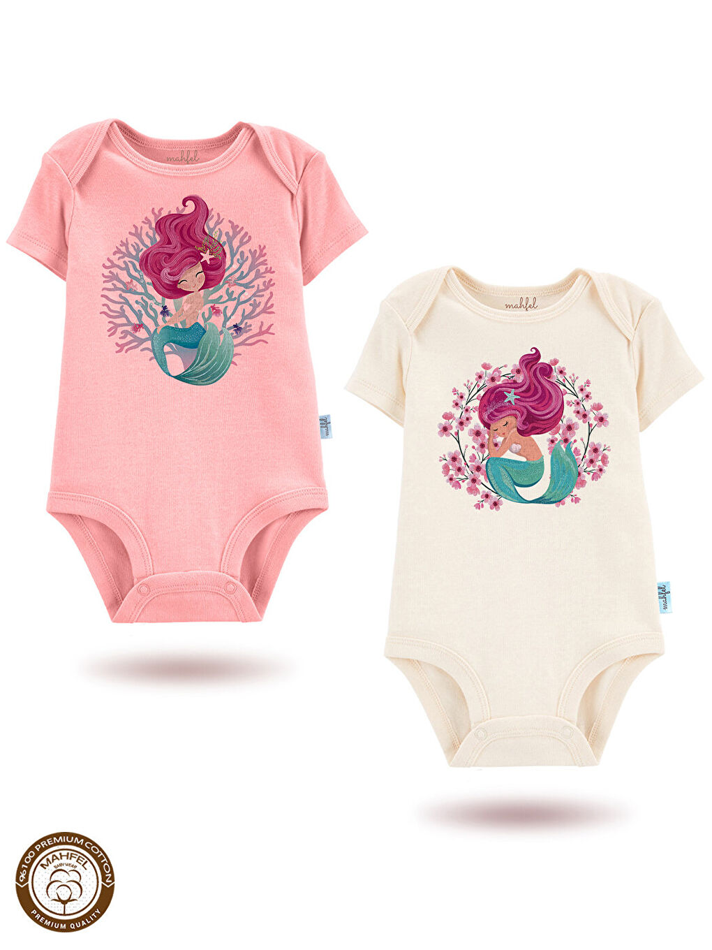 Bej 2'Li %100 Pamuklu Organik Baskılı Kısa Kollu Çıtçıtlı Bebek Body Zıbın 165-41