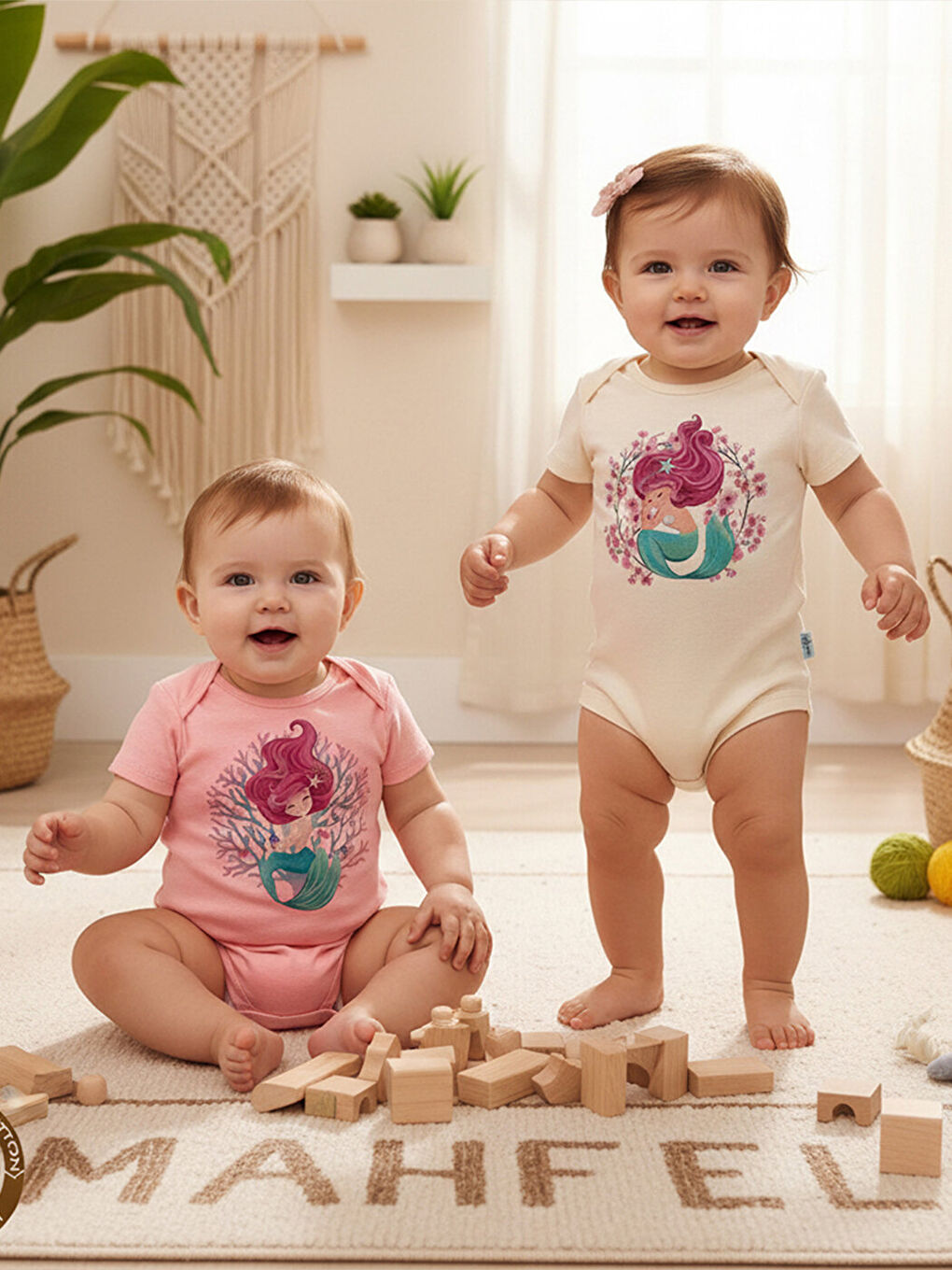 Bej 2'Li %100 Pamuklu Organik Baskılı Kısa Kollu Çıtçıtlı Bebek Body Zıbın 165-41-1