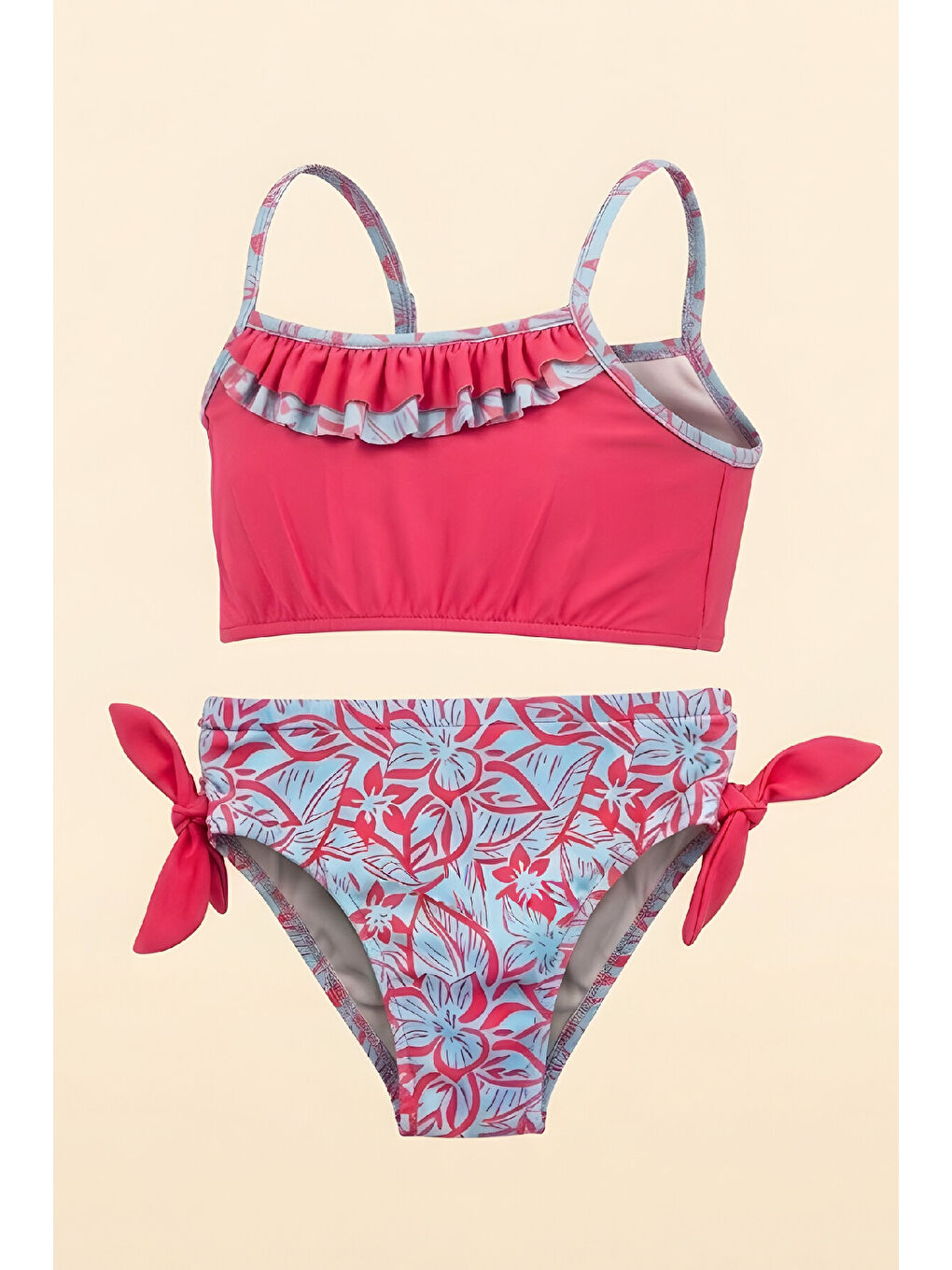 Turkuaz Kız Çocuk Fırfır Detaylı ve Yandan Bağcıklı Mayo Takımı 3-12 Yaş 12598B