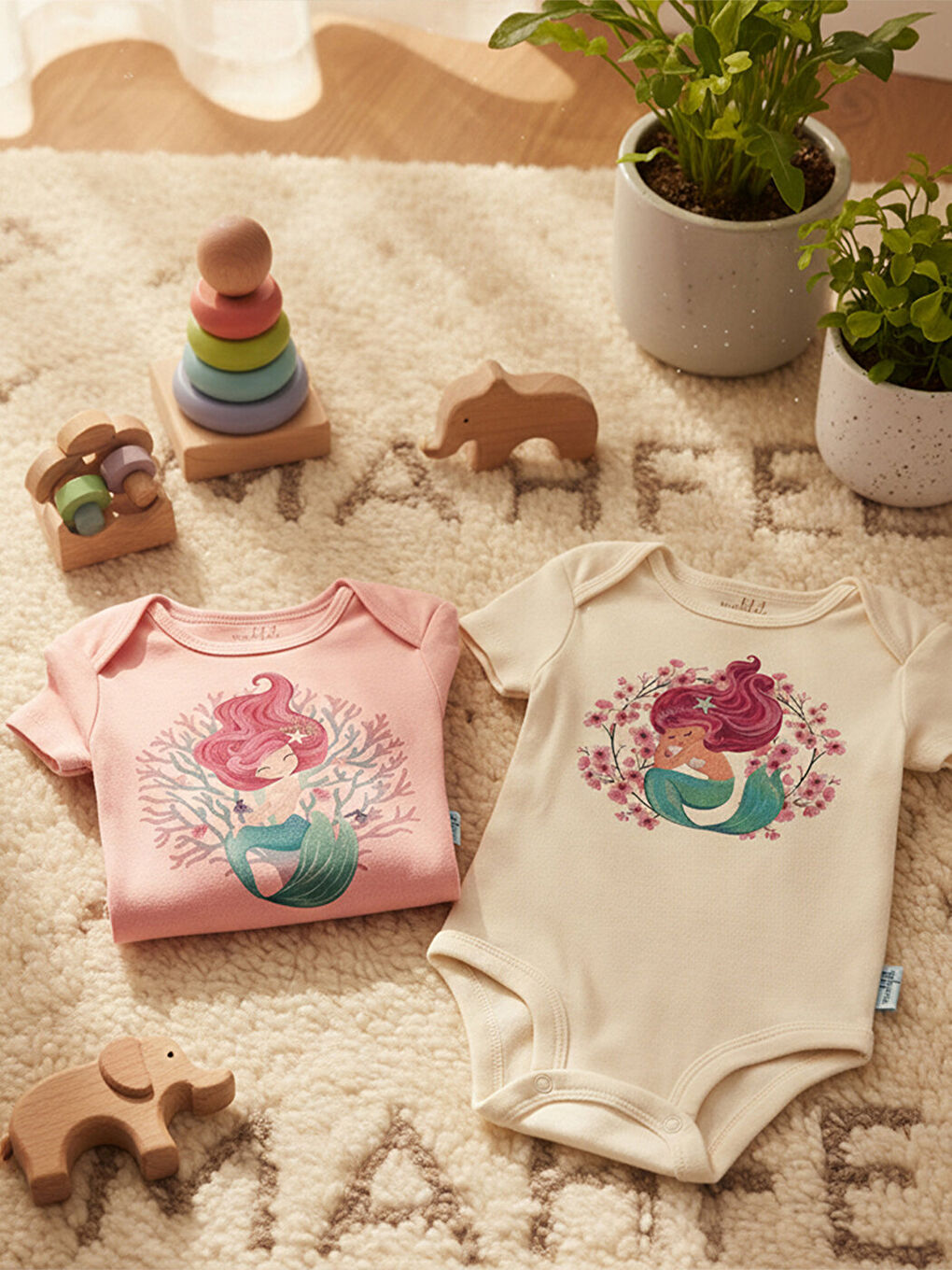 Bej 2'Li %100 Pamuklu Organik Baskılı Kısa Kollu Çıtçıtlı Bebek Body Zıbın 165-41-2