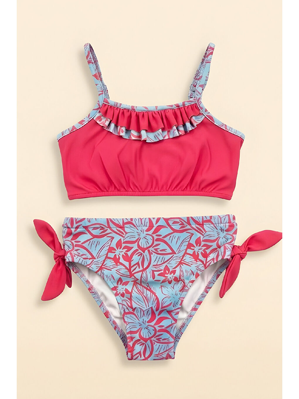 Turkuaz Kız Çocuk Fırfır Detaylı ve Yandan Bağcıklı Mayo Takımı 3-12 Yaş 12598B-1