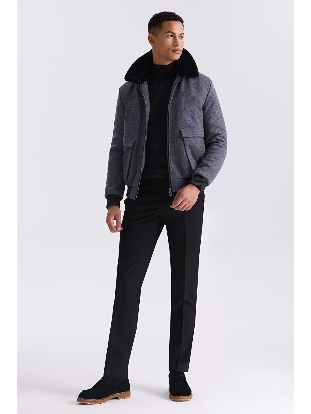 Gri Regular Fit Yaka Kürklü Kışlık Mont-1