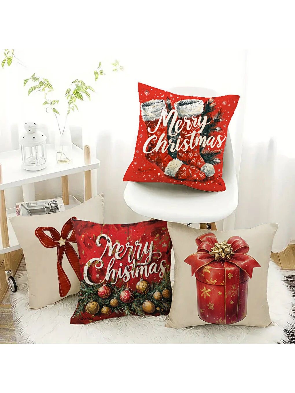 Karışık 4'lü Yılbaşı Desenli Kadife Kırlent Kılıfı Seti – Çift Taraf Baskılı 43x43 cm