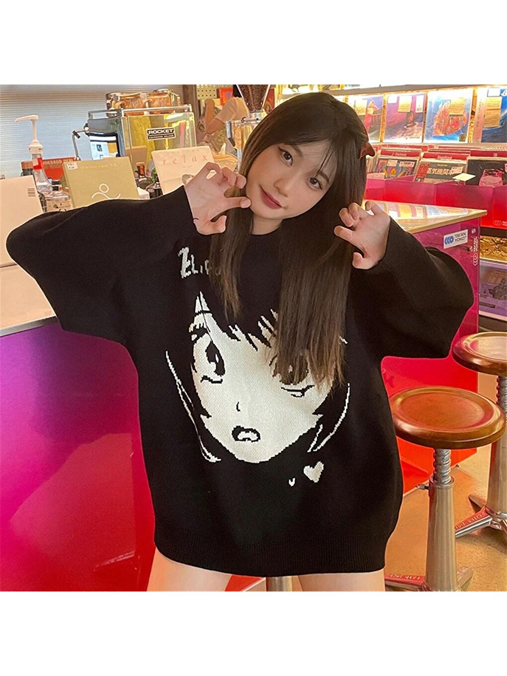 Touz Moda Siyah Anime Girl Harajuku Vintage Streetwear Unisex Siyah Kazak