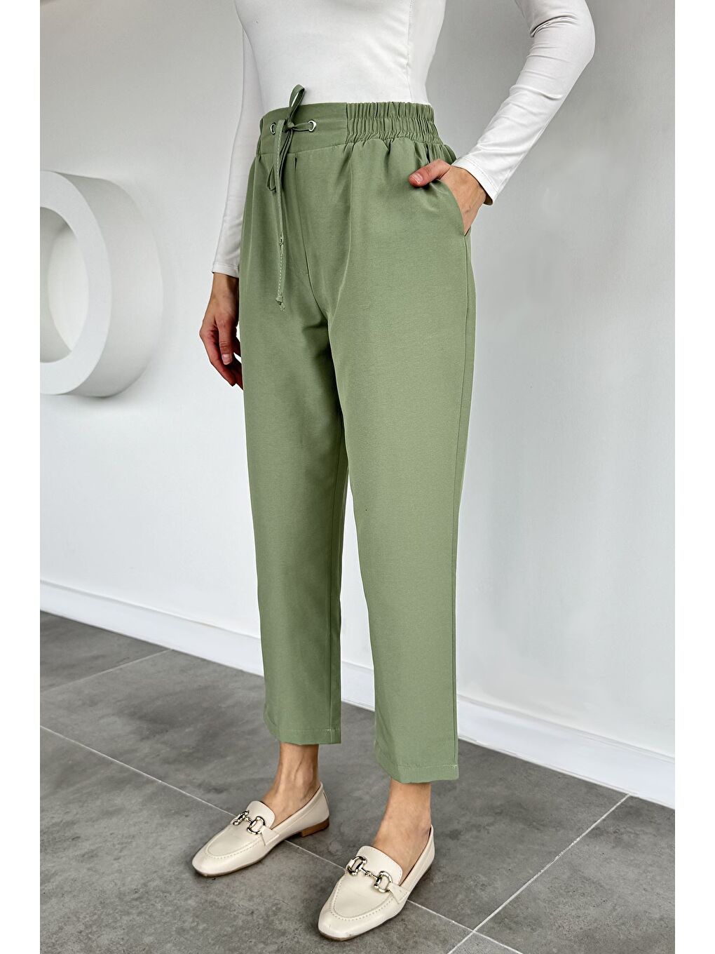 Yeşil Kadın Bel Lastikli Pantolon-1