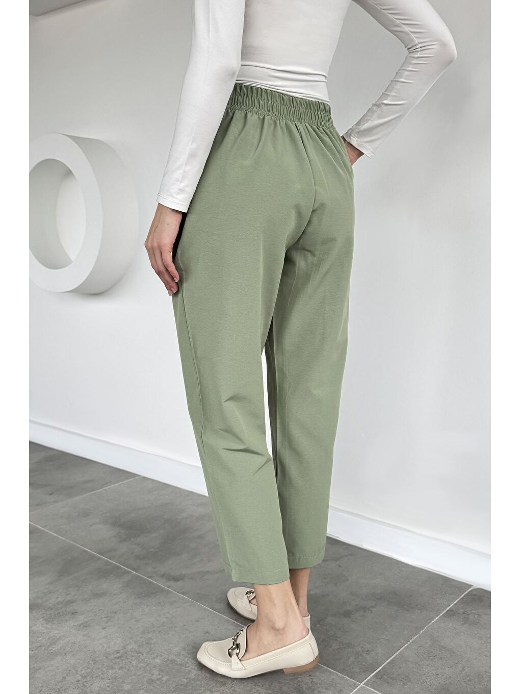 Yeşil Kadın Bel Lastikli Pantolon-2