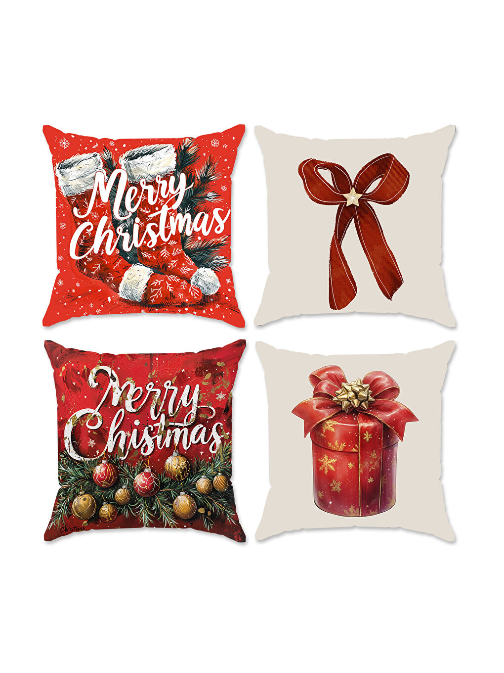 Karışık 4'lü Yılbaşı Desenli Kadife Kırlent Kılıfı Seti – Çift Taraf Baskılı 43x43 cm-1