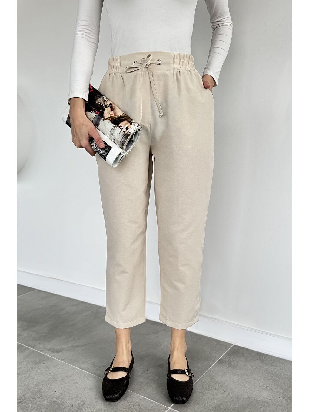 Bej Kadın Bel Lastikli Pantolon