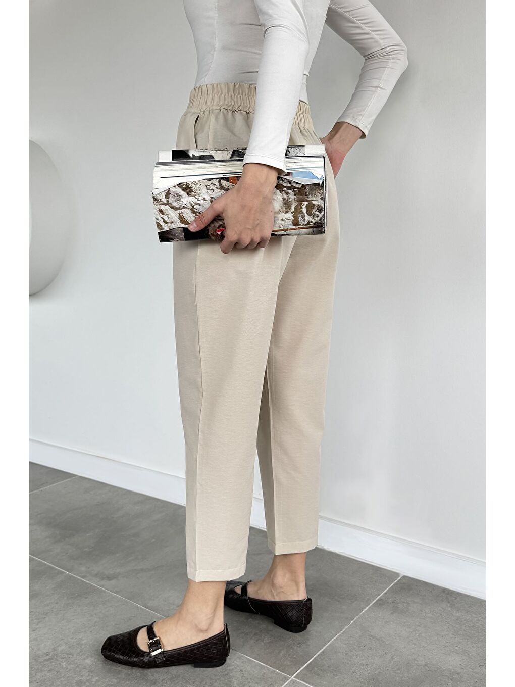 Bej Kadın Bel Lastikli Pantolon-2