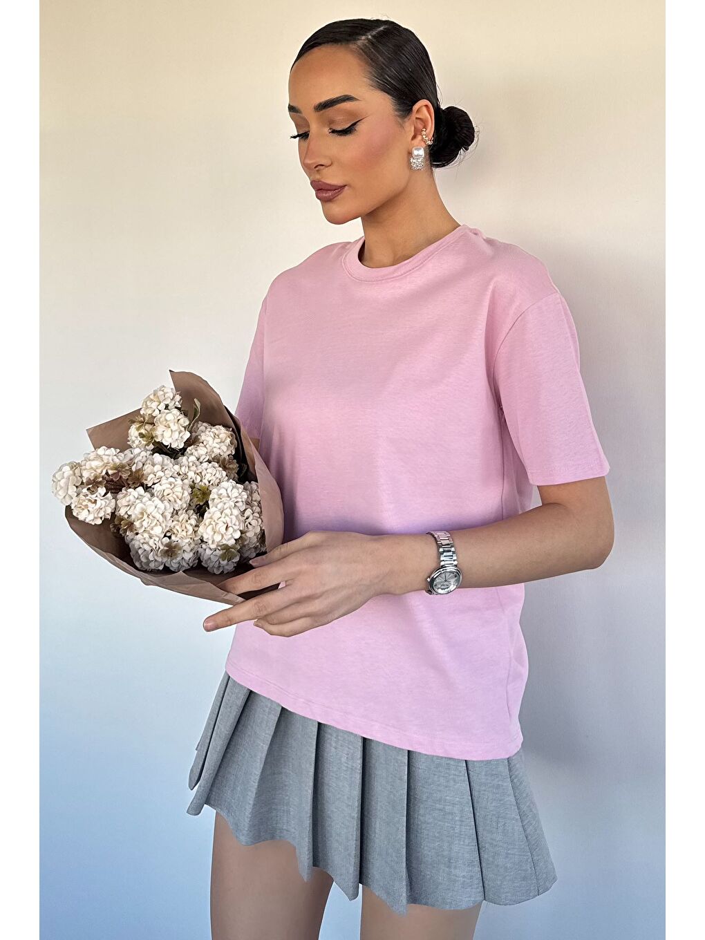 Pembe Kadın Bisiklet Yaka Basic Tişört