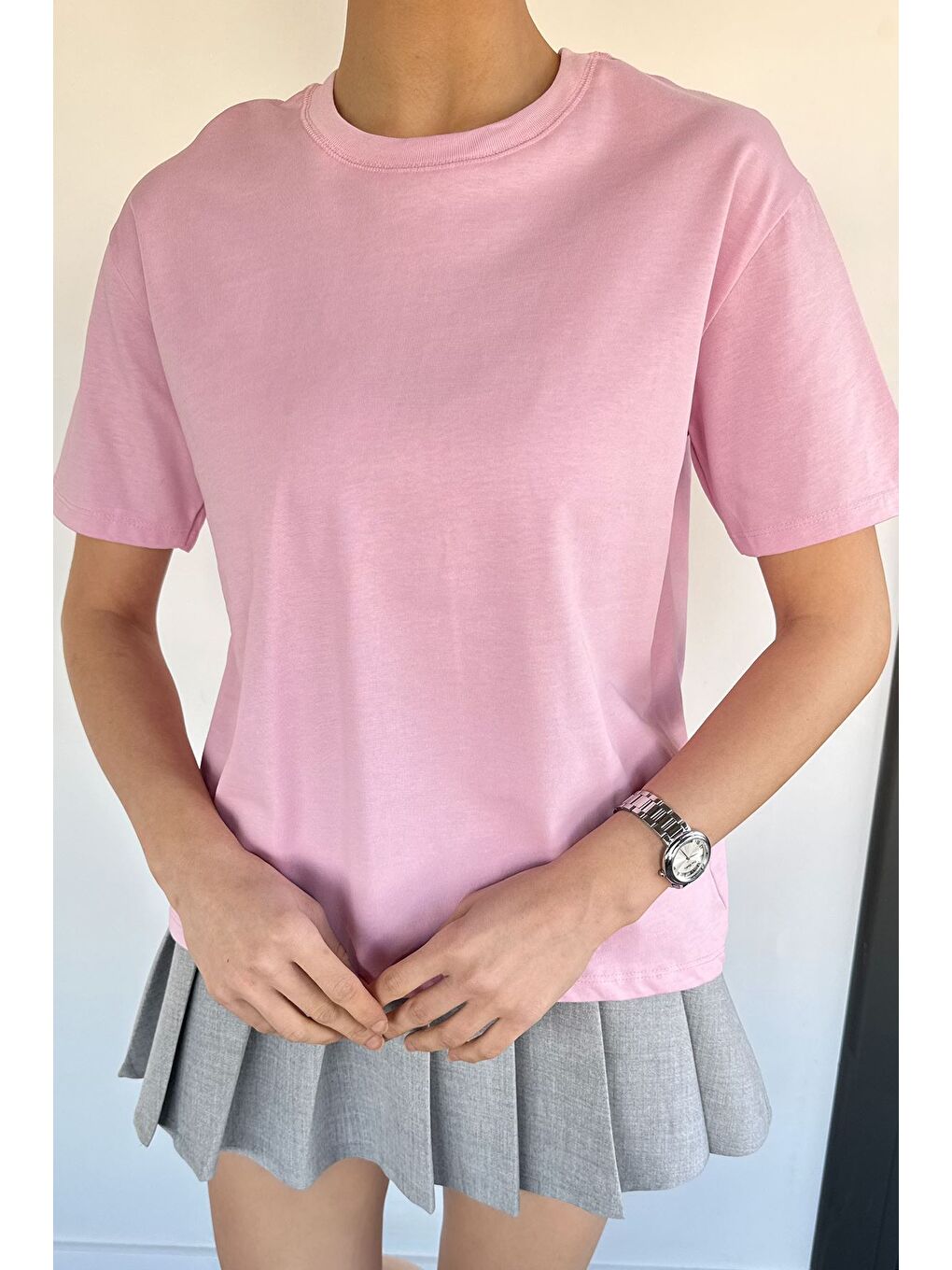 Pembe Kadın Bisiklet Yaka Basic Tişört-1