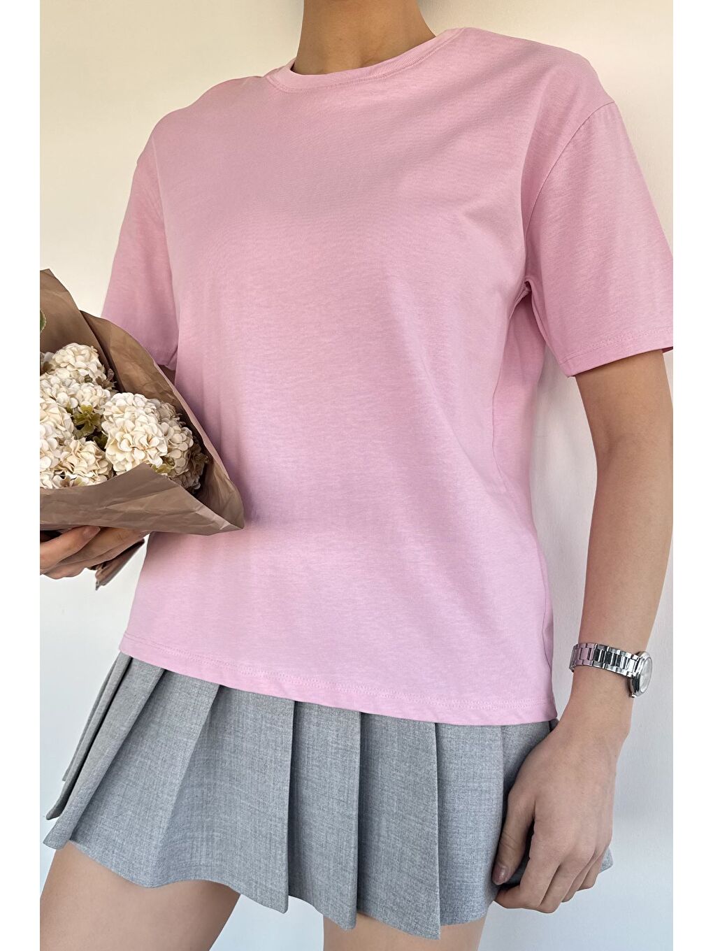 Pembe Kadın Bisiklet Yaka Basic Tişört-2