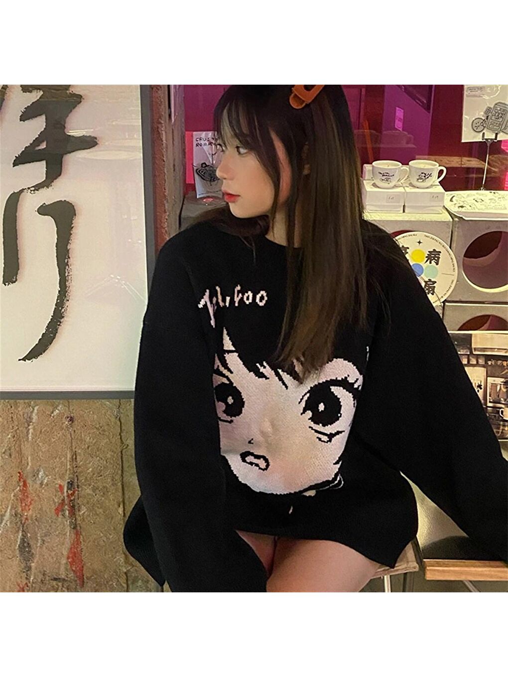 Touz Moda Siyah Anime Girl Harajuku Vintage Streetwear Unisex Siyah Kazak - 3