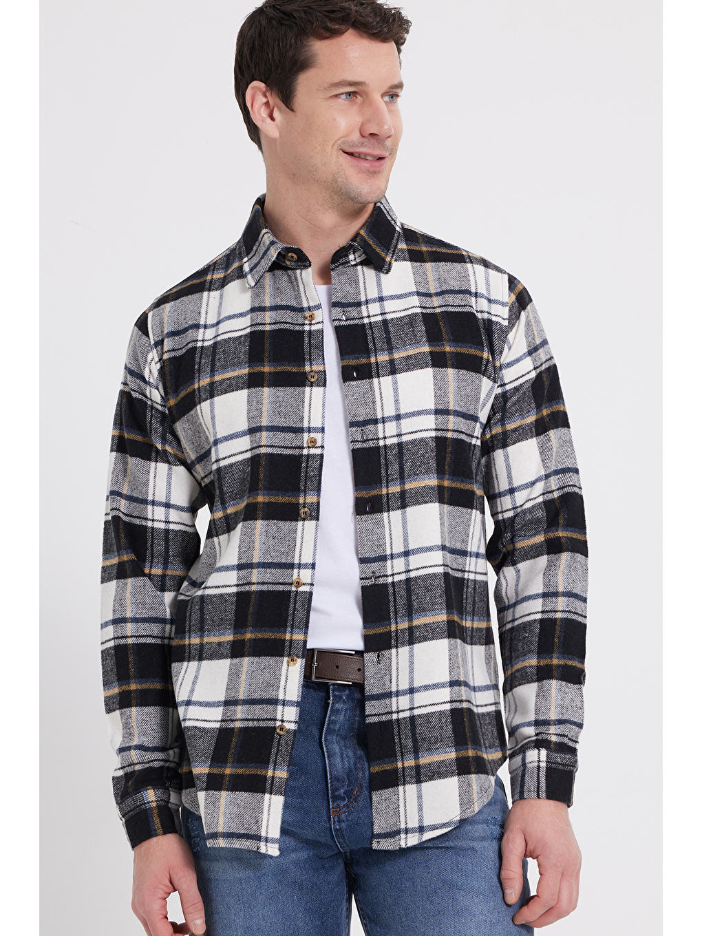 Ekru Erkek Slim Fit Dar Kesim Kareli Kışlık Oduncu Gömlek