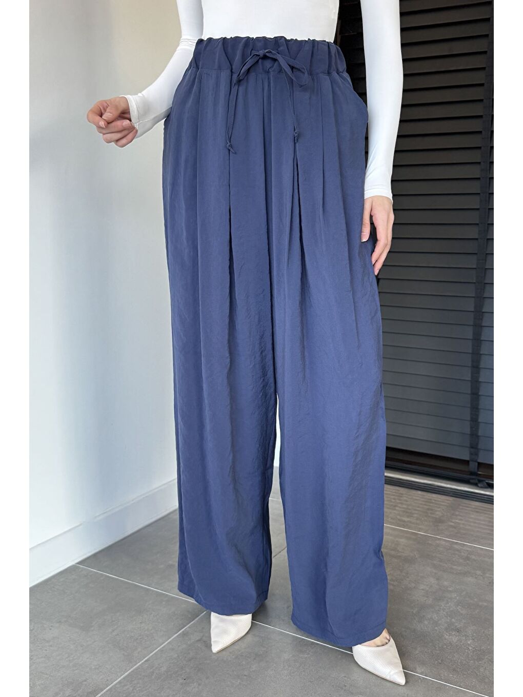 Lacivert Perry Kadın Bel Lastikli Bol Kesim Pantolon-2