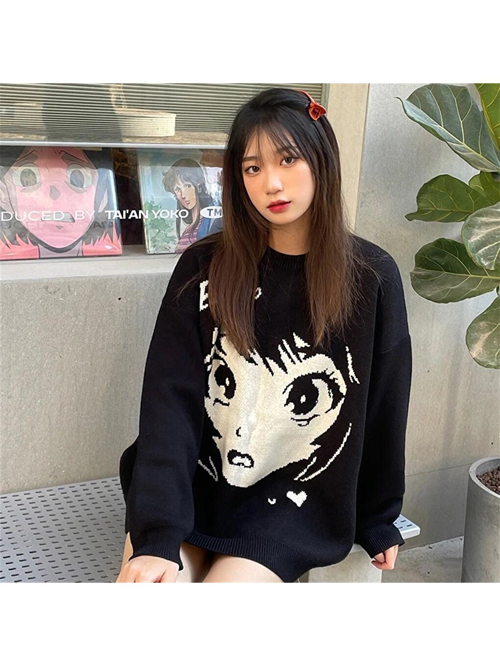 Touz Moda Siyah Anime Girl Harajuku Vintage Streetwear Unisex Siyah Kazak - 4