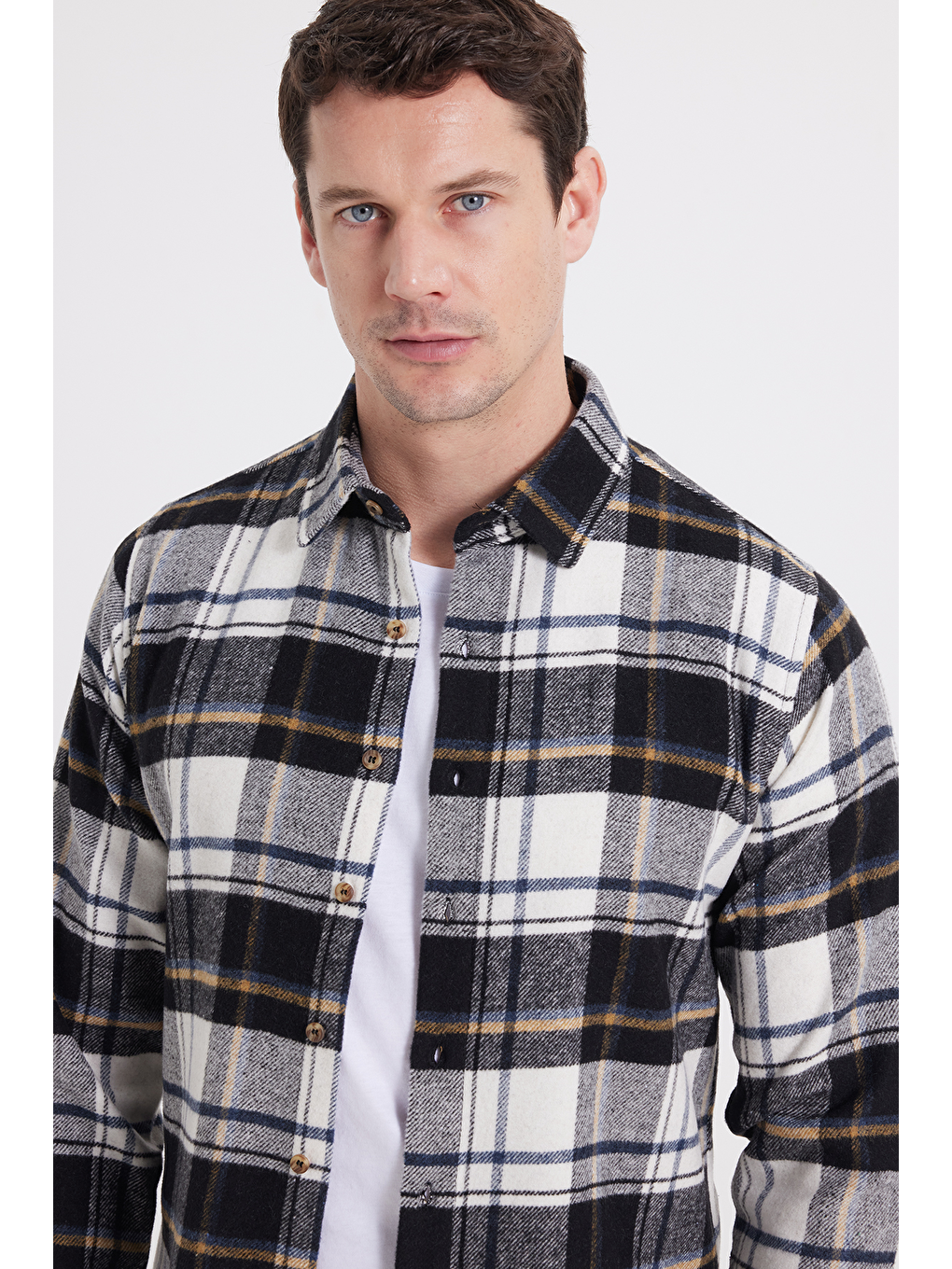 Ekru Erkek Slim Fit Dar Kesim Kareli Kışlık Oduncu Gömlek-2