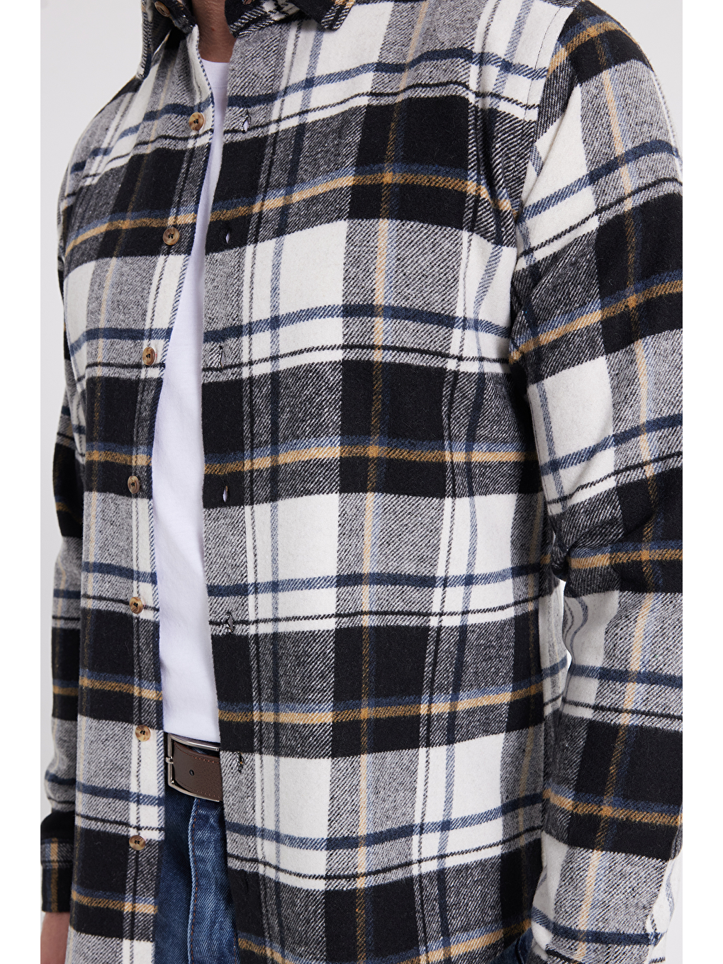 Ekru Erkek Slim Fit Dar Kesim Kareli Kışlık Oduncu Gömlek-3