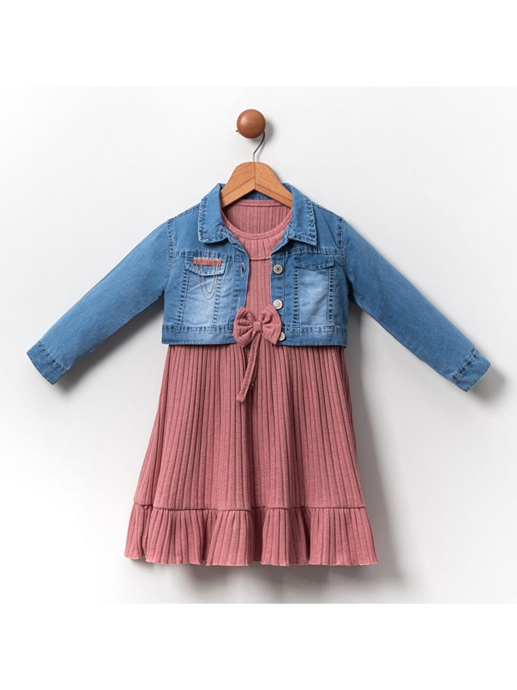Pembe Jean Ceketli Kız Çocuk Elbise MNK2119