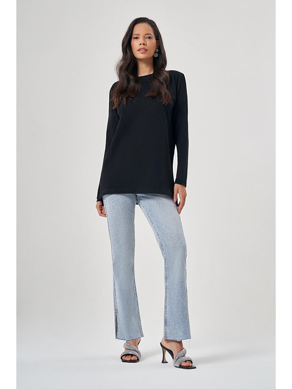 Simli O Yaka Triko Siyah Tunik-1