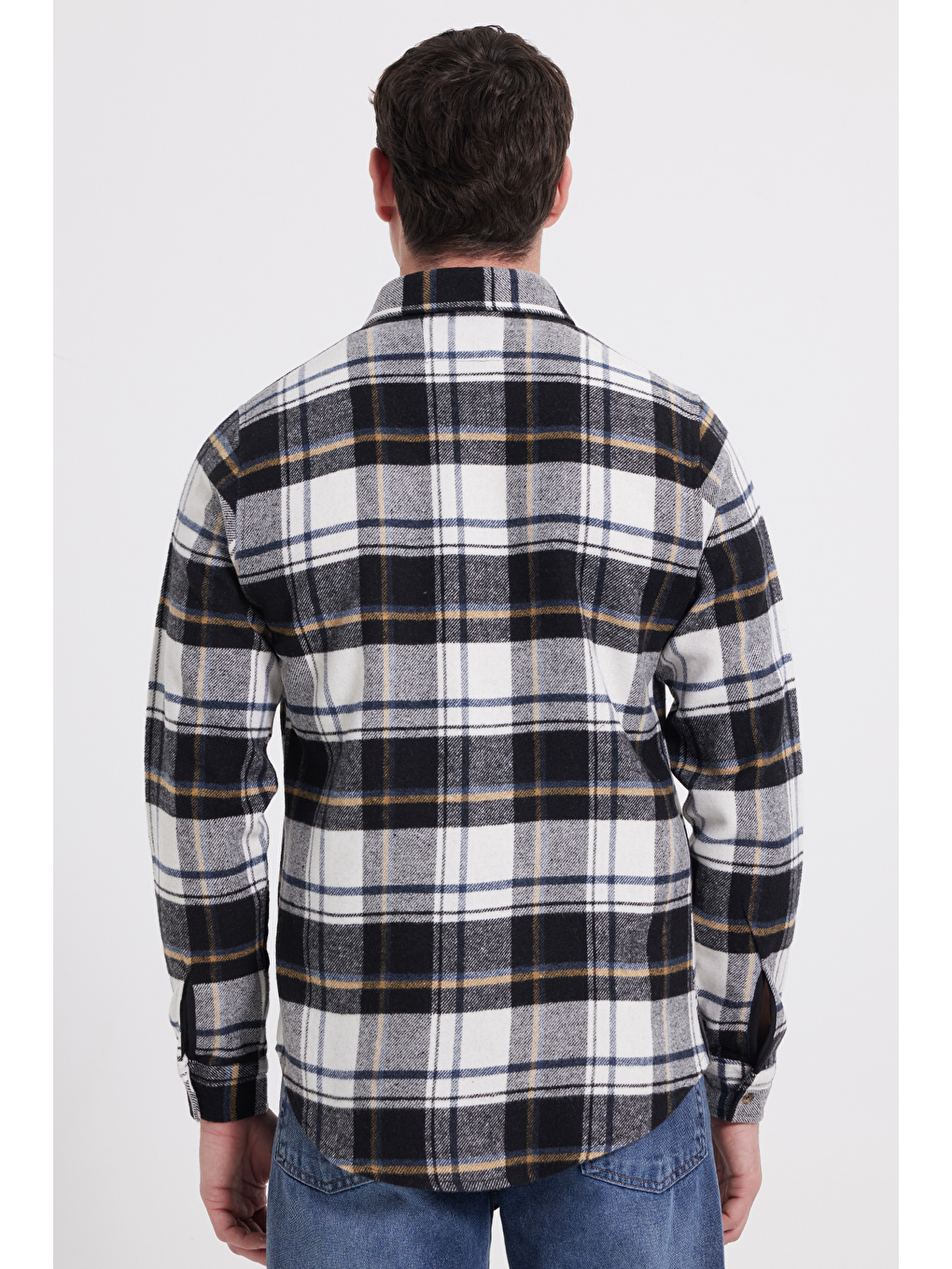 Ekru Erkek Slim Fit Dar Kesim Kareli Kışlık Oduncu Gömlek-5