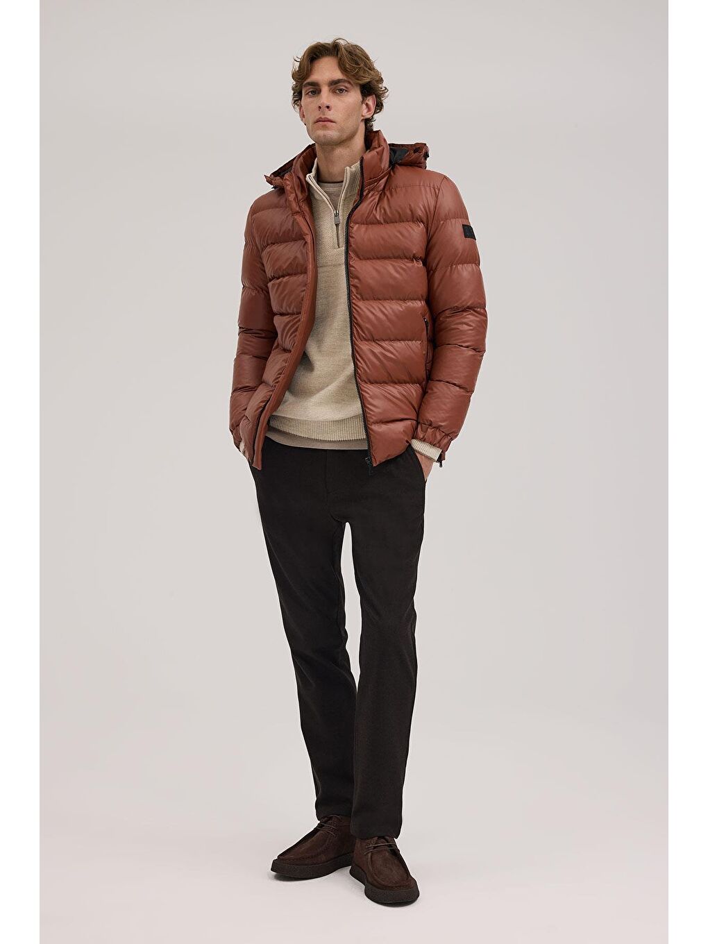 Kahverengi Taba Regular Fit Kapüşonlu Şişme Kışlık Mont-1