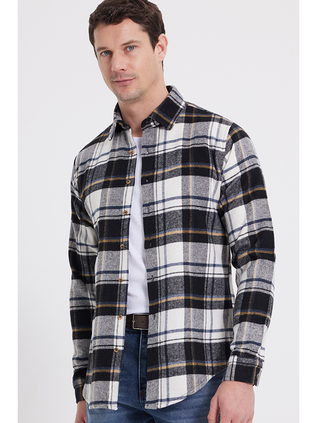 Ekru Erkek Slim Fit Dar Kesim Kareli Kışlık Oduncu Gömlek-6