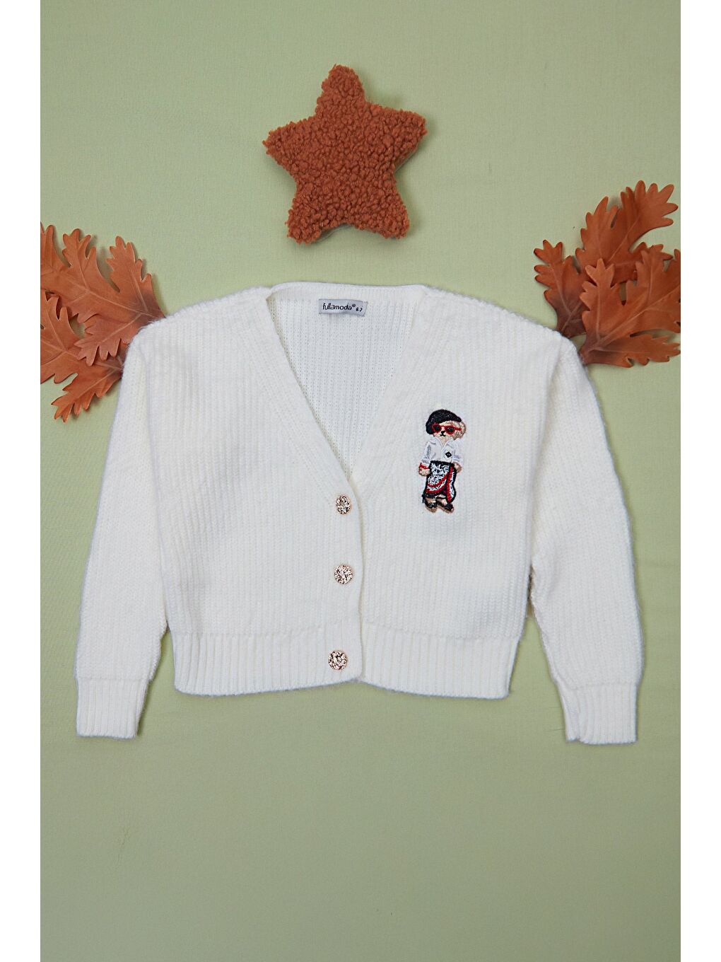 Ekru Ayıcık Nakışlı Düğmeli Kız Çocuk Triko Hırka