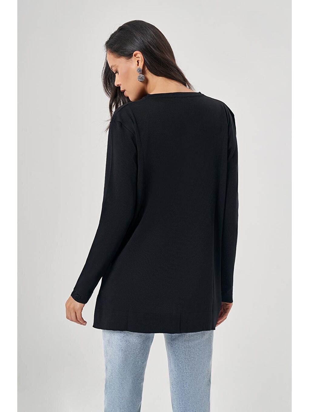 Simli O Yaka Triko Siyah Tunik-3