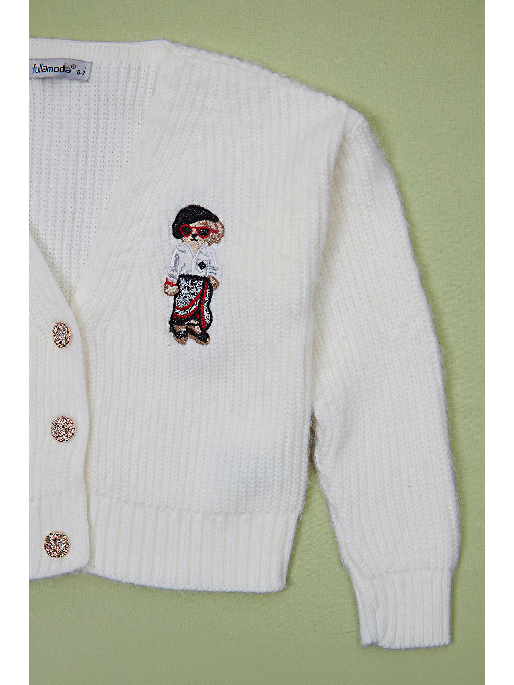 Ekru Ayıcık Nakışlı Düğmeli Kız Çocuk Triko Hırka-1