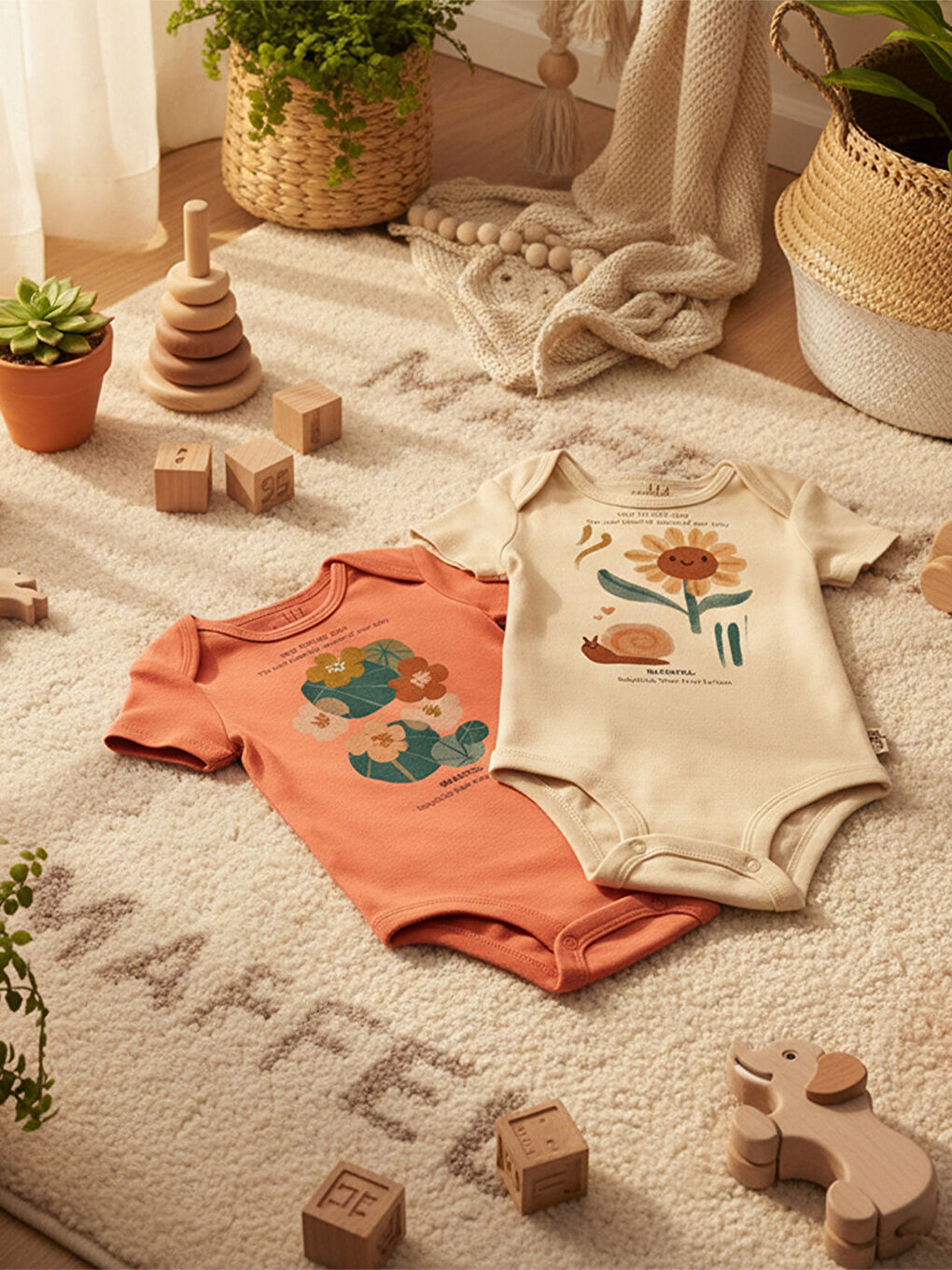 Pembe 2'Li %100 Pamuklu Organik Baskılı Kısa Kollu Çıtçıtlı Bebek Body Zıbın 748-749-2