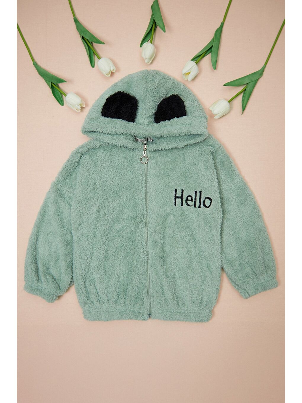 Yeşil Hello Nakışlı Fermuarlı Unisex Çocuk Pelüş Mont