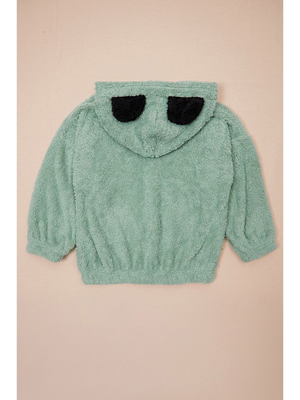 Yeşil Hello Nakışlı Fermuarlı Unisex Çocuk Pelüş Mont-1