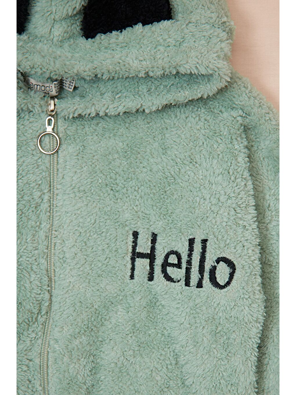 Yeşil Hello Nakışlı Fermuarlı Unisex Çocuk Pelüş Mont-2