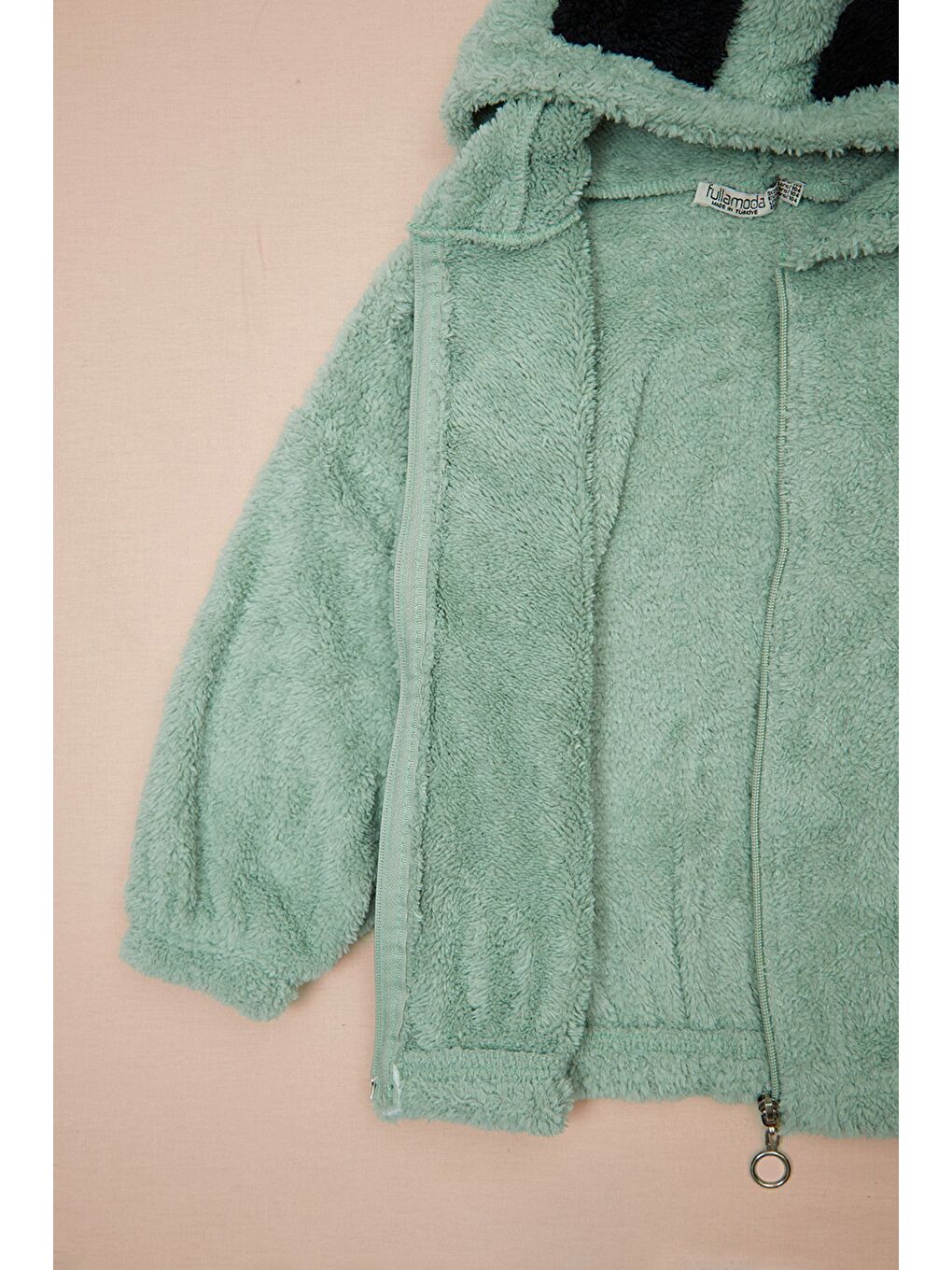 Yeşil Hello Nakışlı Fermuarlı Unisex Çocuk Pelüş Mont-3