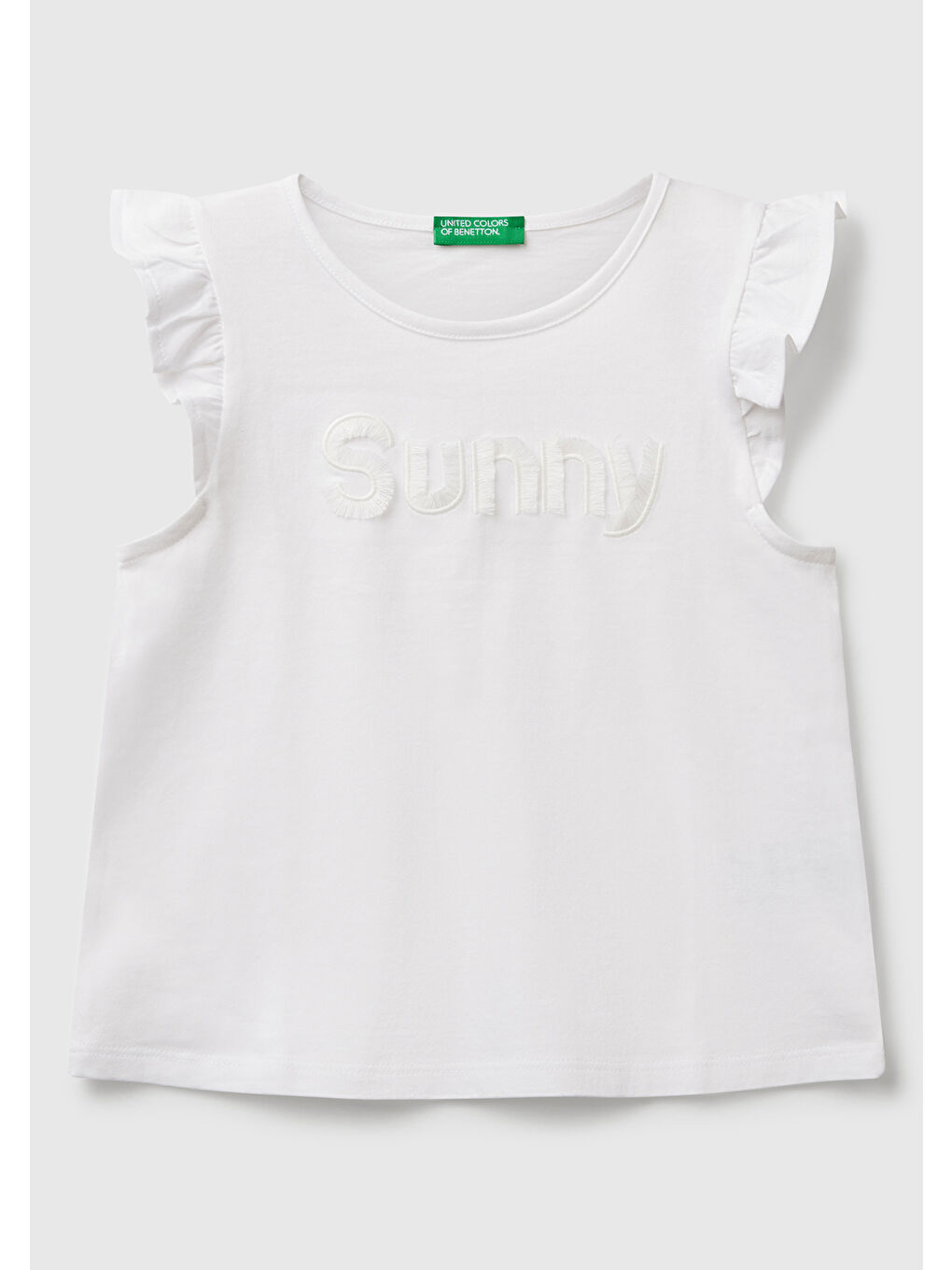 Kız Çocuk Beyaz Önü Baskılı Pile Kollu T-Shirt