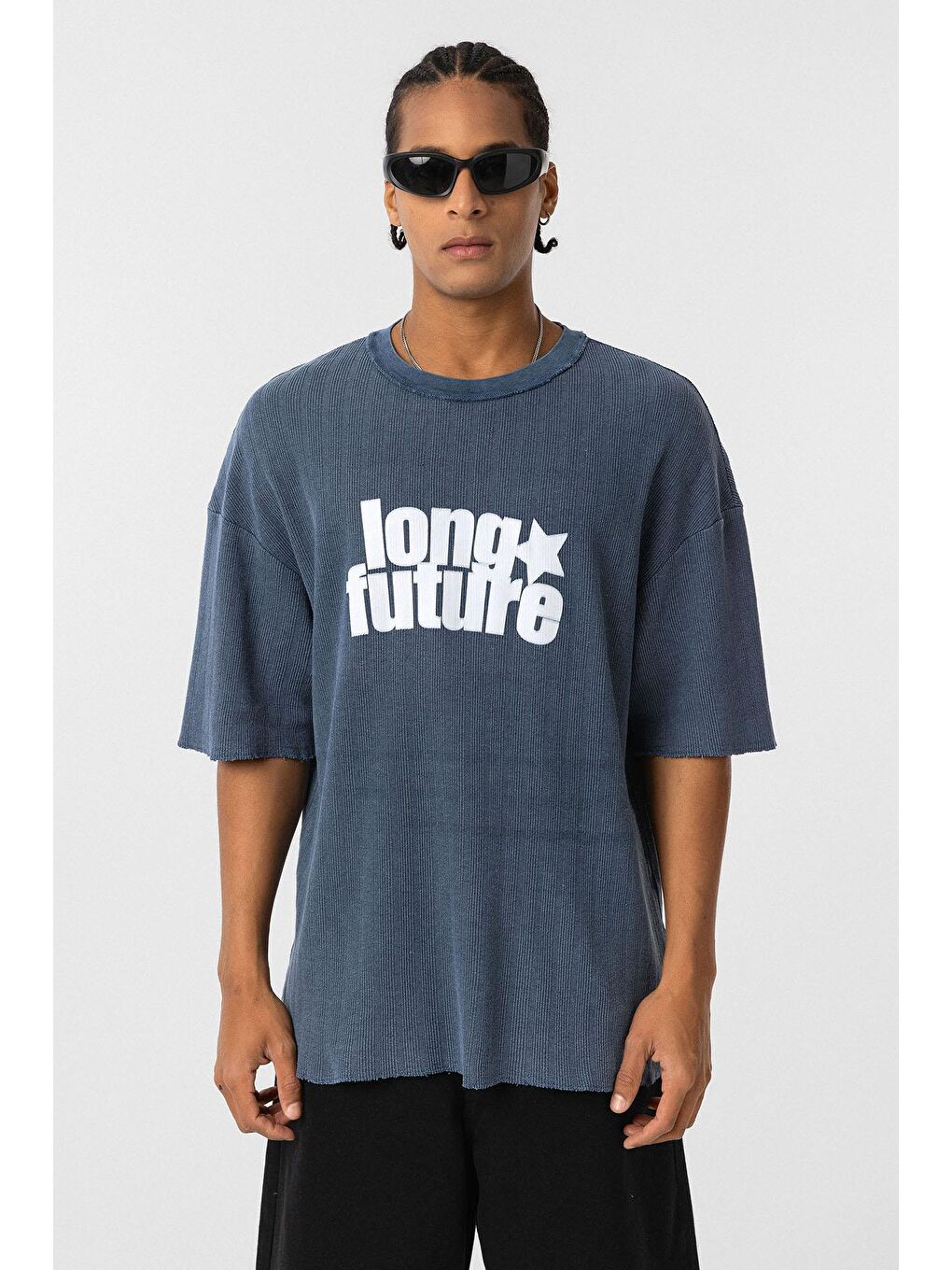 Yıkamalı Oversize Triko Tişört İndigo-2