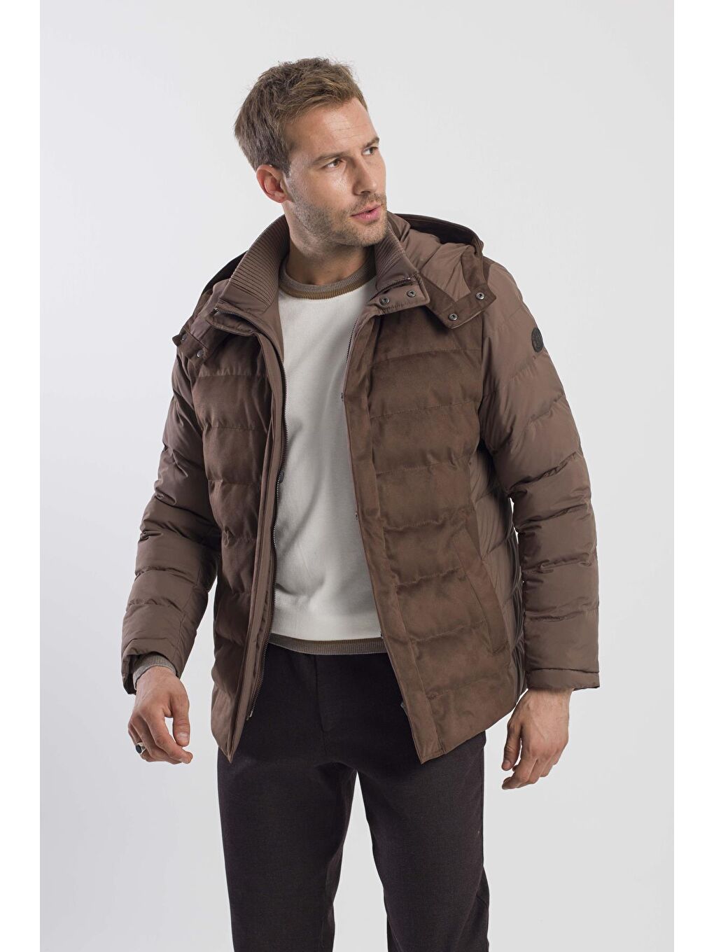 Kahverengi Kahve Comfort Fit Kapüşonlu Şişme Mont-1