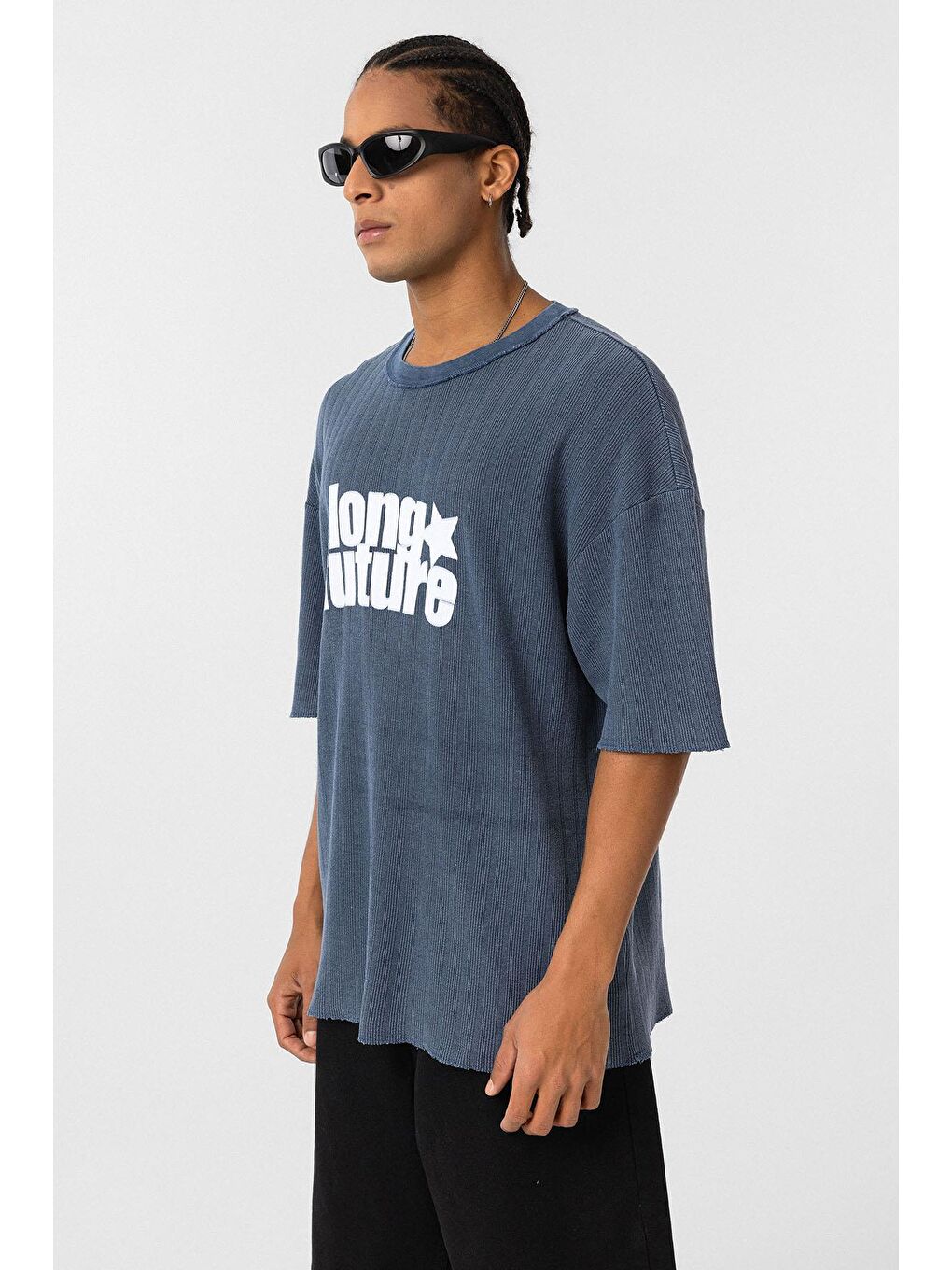 Yıkamalı Oversize Triko Tişört İndigo-3