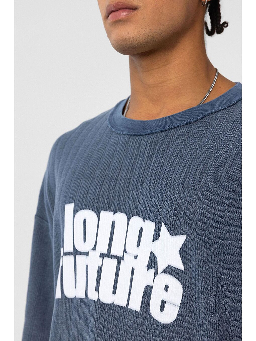 Yıkamalı Oversize Triko Tişört İndigo-4