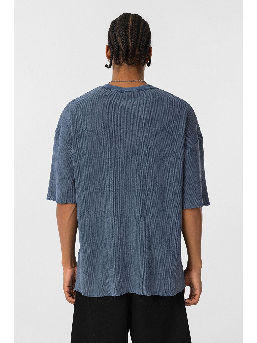 Yıkamalı Oversize Triko Tişört İndigo-5