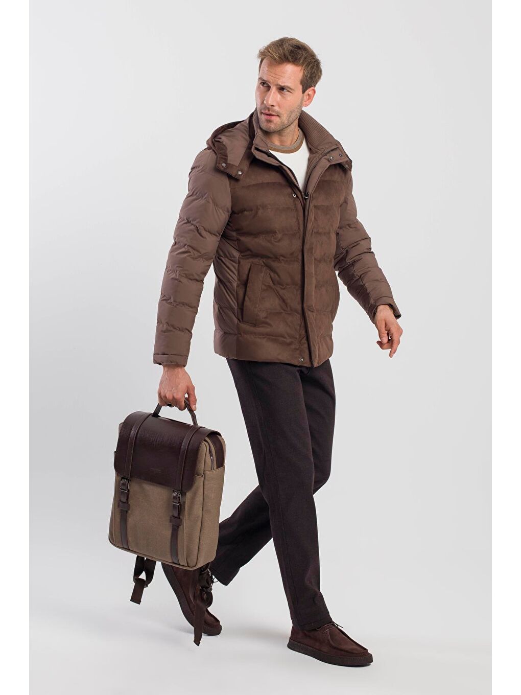 Kahverengi Kahve Comfort Fit Kapüşonlu Şişme Mont-2