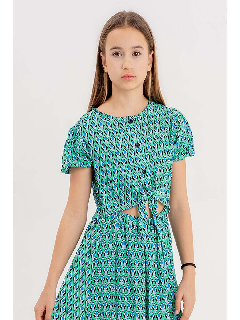 Turkuaz Kız Çocuk Desenli Göbeği Açık Su Yeşili Elbise-1