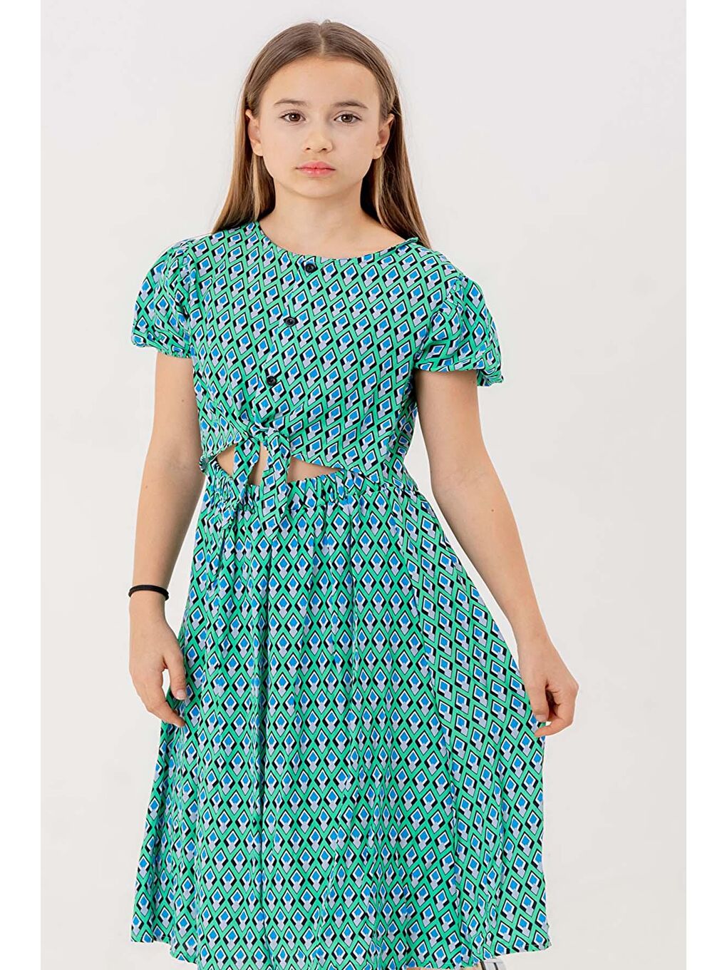 Turkuaz Kız Çocuk Desenli Göbeği Açık Su Yeşili Elbise-2
