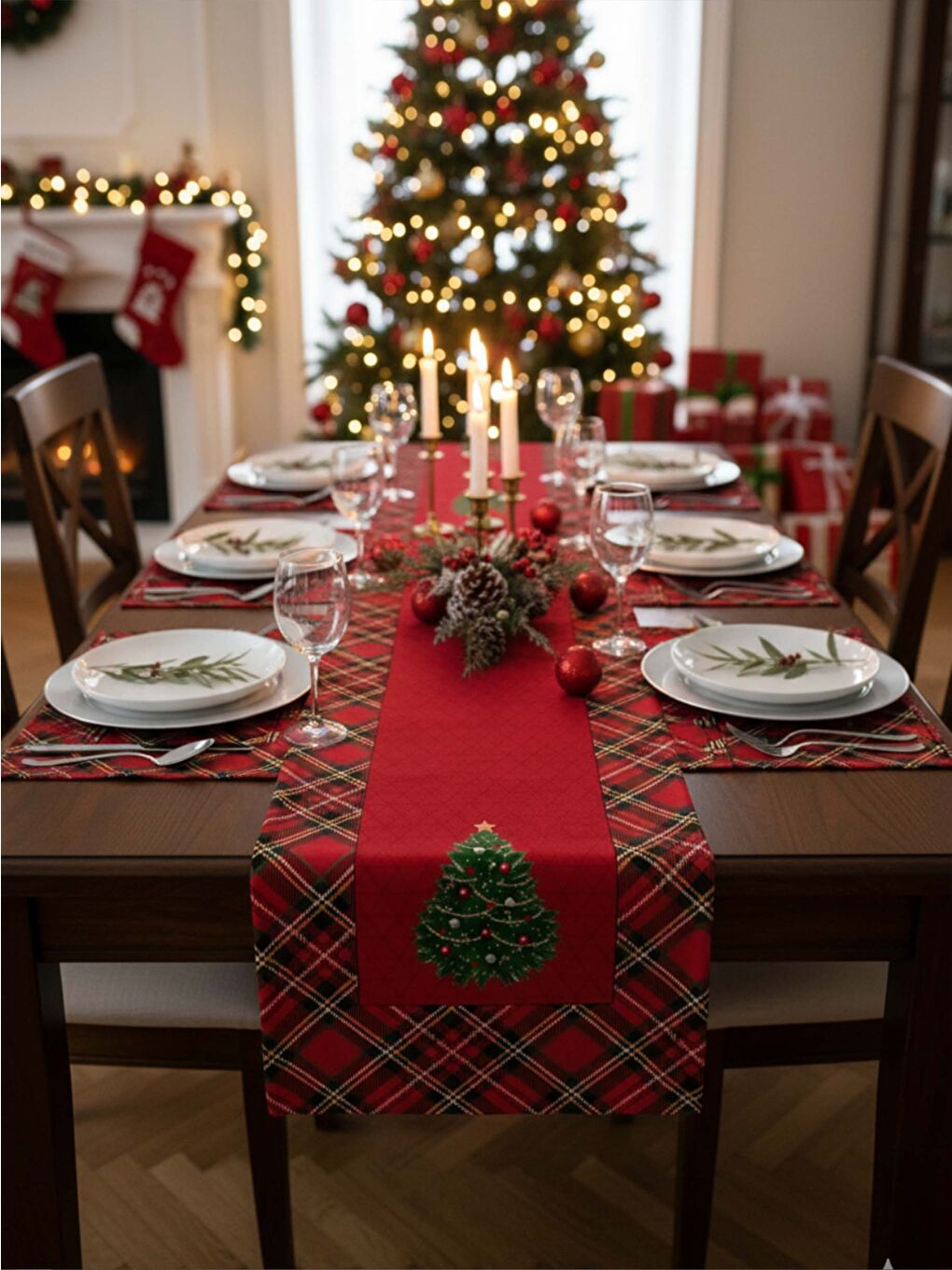 Karışık Yılbaşı Özel Yılbaşı Ağaç Desenli Kadife Runner 40x140 cm-2